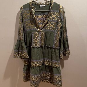 Anthropologie Lace the Label Green and Gold Mini Dress with Bell Sleeves XS